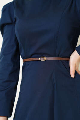 İnce Kemerli Poplin Elbise Lacivert - Tesettür Elbise