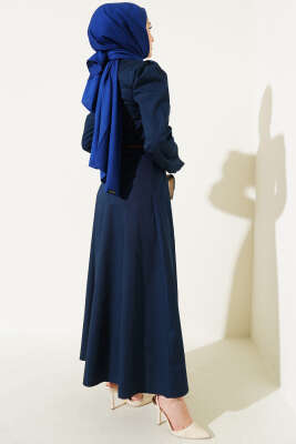 İnce Kemerli Poplin Elbise Lacivert - Tesettür Elbise