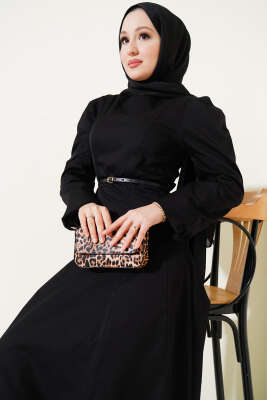 İnce Kemerli Poplin Elbise Siyah - Tesettür Elbise