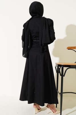 İnce Kemerli Poplin Elbise Siyah - Tesettür Elbise