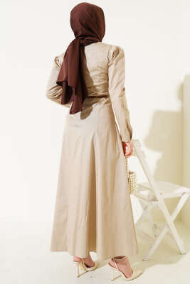 İnce Kemerli Poplin Elbise Vizon - Tesettür Elbise