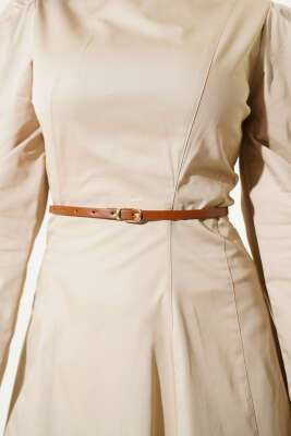 İnce Kemerli Poplin Elbise Vizon - Tesettür Elbise