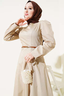 İnce Kemerli Poplin Elbise Vizon - Tesettür Elbise