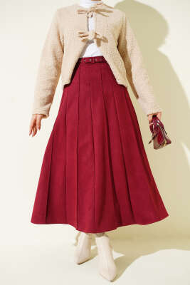 İnce Kemerli Süet Etek Bordo - VAV TEKSTİL