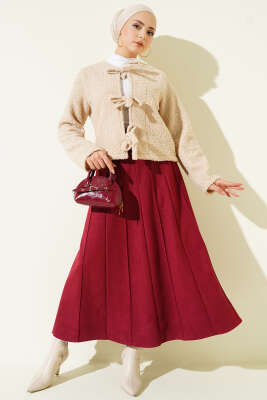 İnce Kemerli Süet Etek Bordo - Etek
