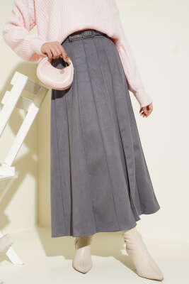 İnce Kemerli Süet Etek Füme - VAV TEKSTİL