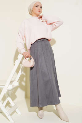 İnce Kemerli Süet Etek Füme - Etek