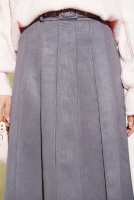 İnce Kemerli Süet Etek Füme - Etek