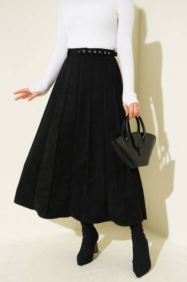 İnce Kemerli Süet Etek Siyah - Etek