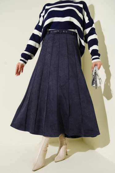 İnce Kemerli Süet Etek Lacivert - Etek