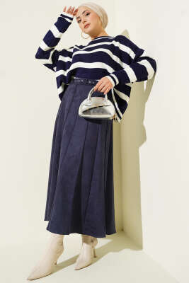 İnce Kemerli Süet Etek Lacivert - Etek