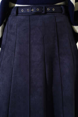 İnce Kemerli Süet Etek Lacivert - Etek