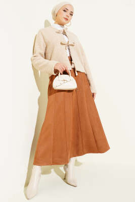 İnce Kemerli Süet Etek Taba - Etek