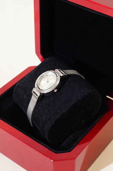 İnce Kordonlu Taş Detaylı Kadın Kol Saati Gümüş - Saat