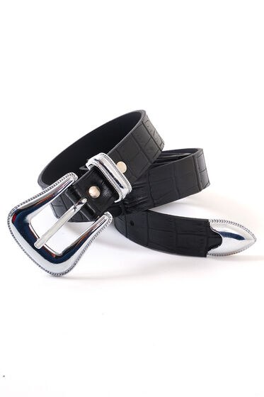 İnce Kroko Desenli Siyah Kemer - Deri Kemer