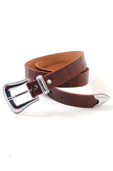 İnce Kroko Desenli Taba Kemer - Deri Kemer