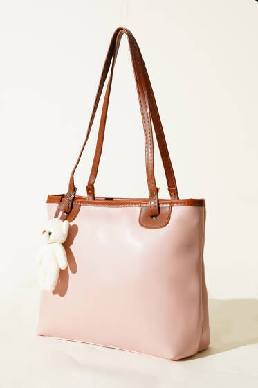 İnce Kulplu Ayıcık Aksesuarlı Çanta Pudra - Kol Çantası