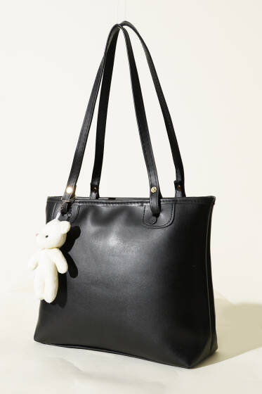 İnce Kulplu Ayıcık Aksesuarlı Çanta Siyah Siyah - Kol Çantası