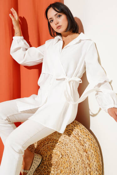 İnce Kuşak Yandan Bağlamalı Gömlek Beyaz - Gömlek