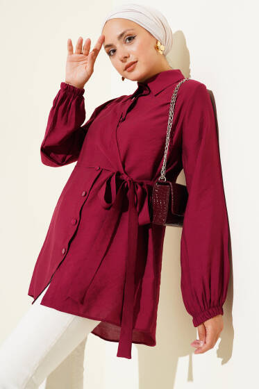 İnce Kuşak Yandan Bağlamalı Gömlek Bordo - Gömlek