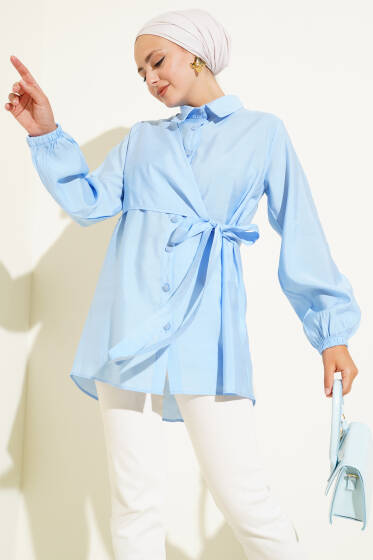 İnce Kuşak Yandan Bağlamalı Gömlek Buz Mavisi - Gömlek