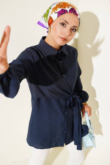 İnce Kuşak Yandan Bağlamalı Gömlek Lacivert - Gömlek