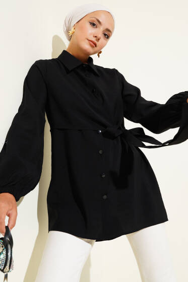 İnce Kuşak Yandan Bağlamalı Gömlek Siyah - Gömlek