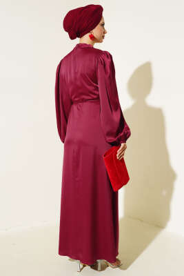 İnce Kuşaklı Kol Lastikli Saten Elbise Bordo - Tesettür Elbise
