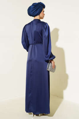 İnce Kuşaklı Kol Lastikli Saten Elbise Lacivert - Tesettür Elbise
