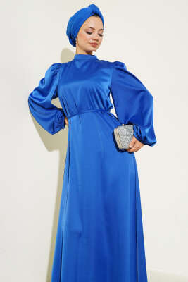 İnce Kuşaklı Kol Lastikli Saten Elbise Saks - Tesettür Elbise