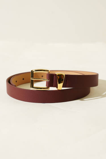 İnce Metal Kare Tokalı Kemer Bordo - Deri Kemer