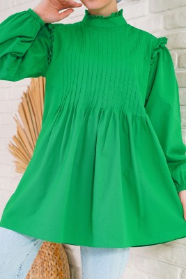 İnce Pileli Kadın Yeşil Tunik - Thumbnail