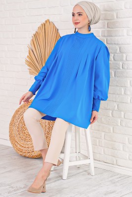 İnce Piliseli Saks Tunik - Tunik