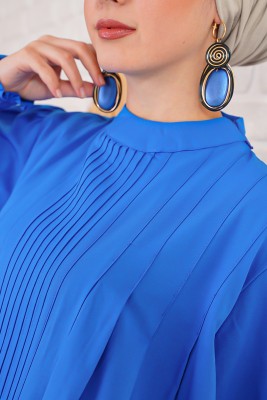 İnce Piliseli Saks Tunik - Tunik