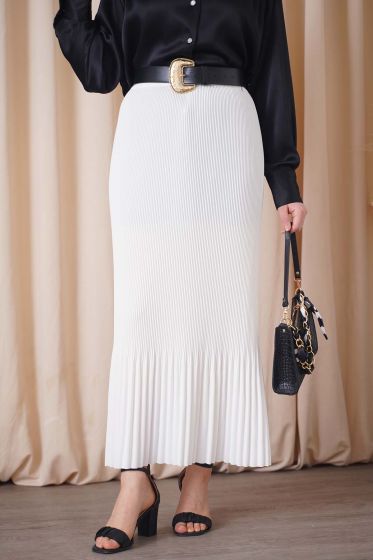 İnce Pliseli Ekru Etek - Uzun Etek