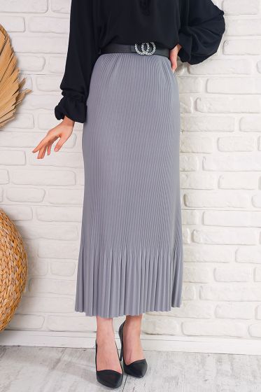 İnce Pliseli Gri Etek - Uzun Etek