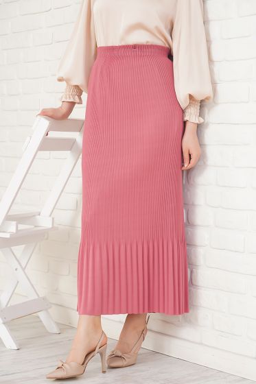 İnce Pliseli Gül Kurusu Etek - Uzun Etek