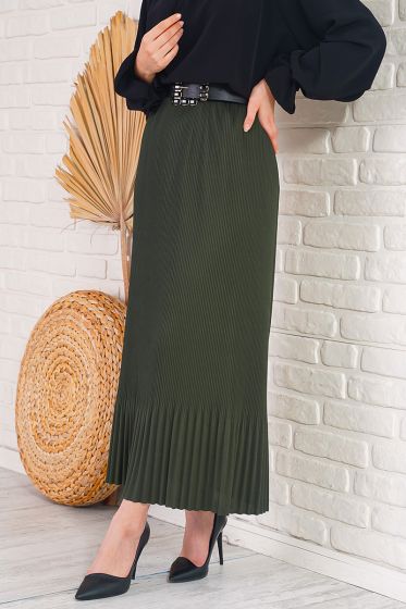 İnce Pliseli Haki Etek - Uzun Etek