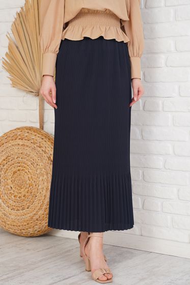 İnce Pliseli Lacivert Etek - Uzun Etek