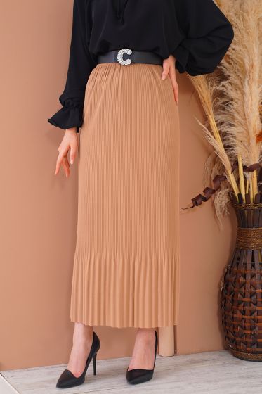 İnce Pliseli Latte Etek - Uzun Etek