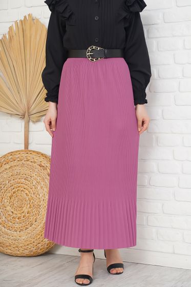 İnce Pliseli Magenta Etek - Uzun Etek