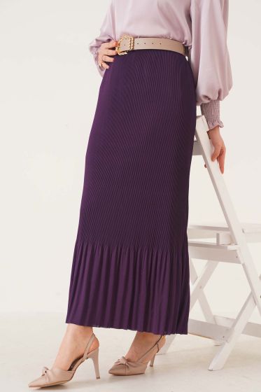 İnce Pliseli Mor Etek - Uzun Etek