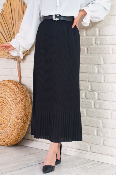 İnce Pliseli Siyah Etek - Uzun Etek