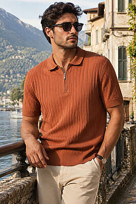 İnce Polo Yaka Merserize Erkek T-shirt Kiremit - WİPEOUT