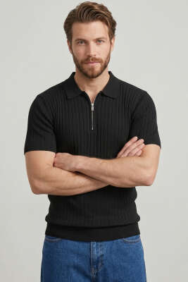 İnce Polo Yaka Merserize Erkek T-shirt Siyah 