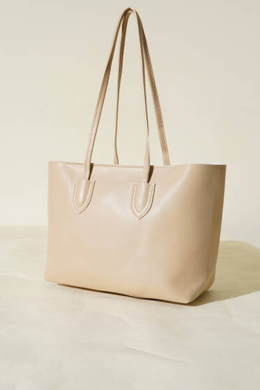 İnce Saplı Fermuarlı Çanta Bej - Kol Çantası