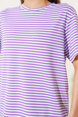 İnce Yatay Çizgili T-shirt Lila - Kadın Giyim Modelleri