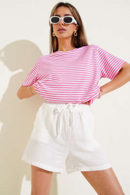 İnce Yatay Çizgili T-shirt Pembe 