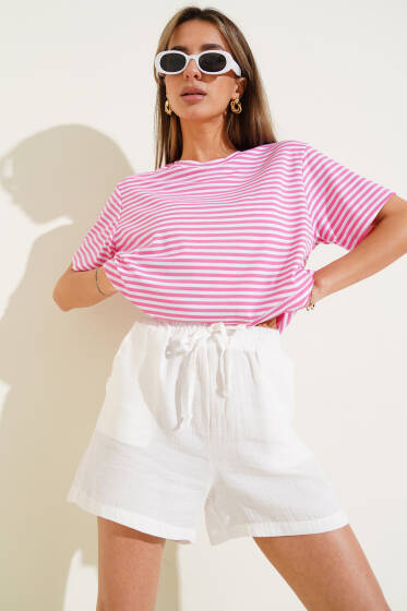 İnce Yatay Çizgili T-shirt Pembe - Kadın Giyim Modelleri