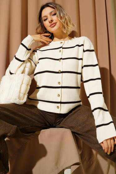 İnce Yatay Çizgili Triko Hırka Bej - Kadın Giyim Modelleri